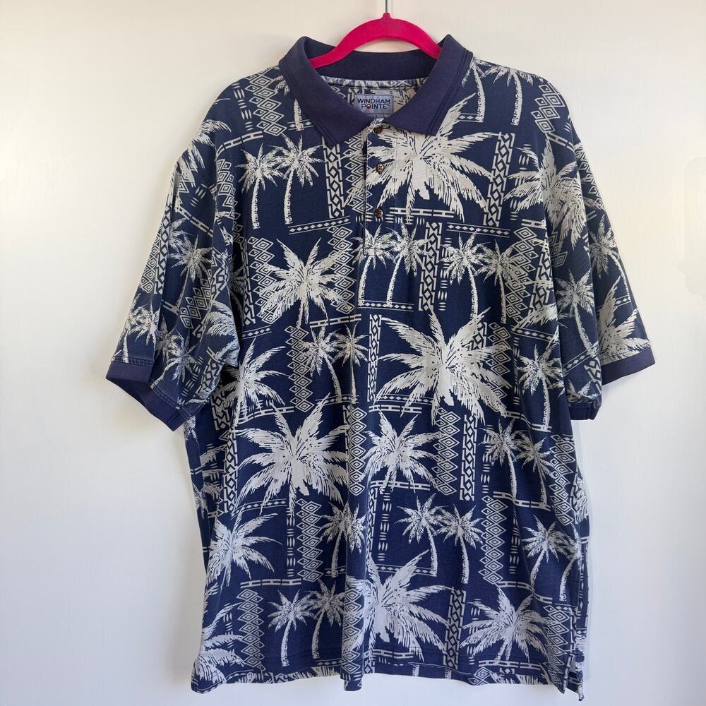 Windham Pointe Men's Size XLT Polo Shirt- Navy Blue Tropical Palm Tree Graphic